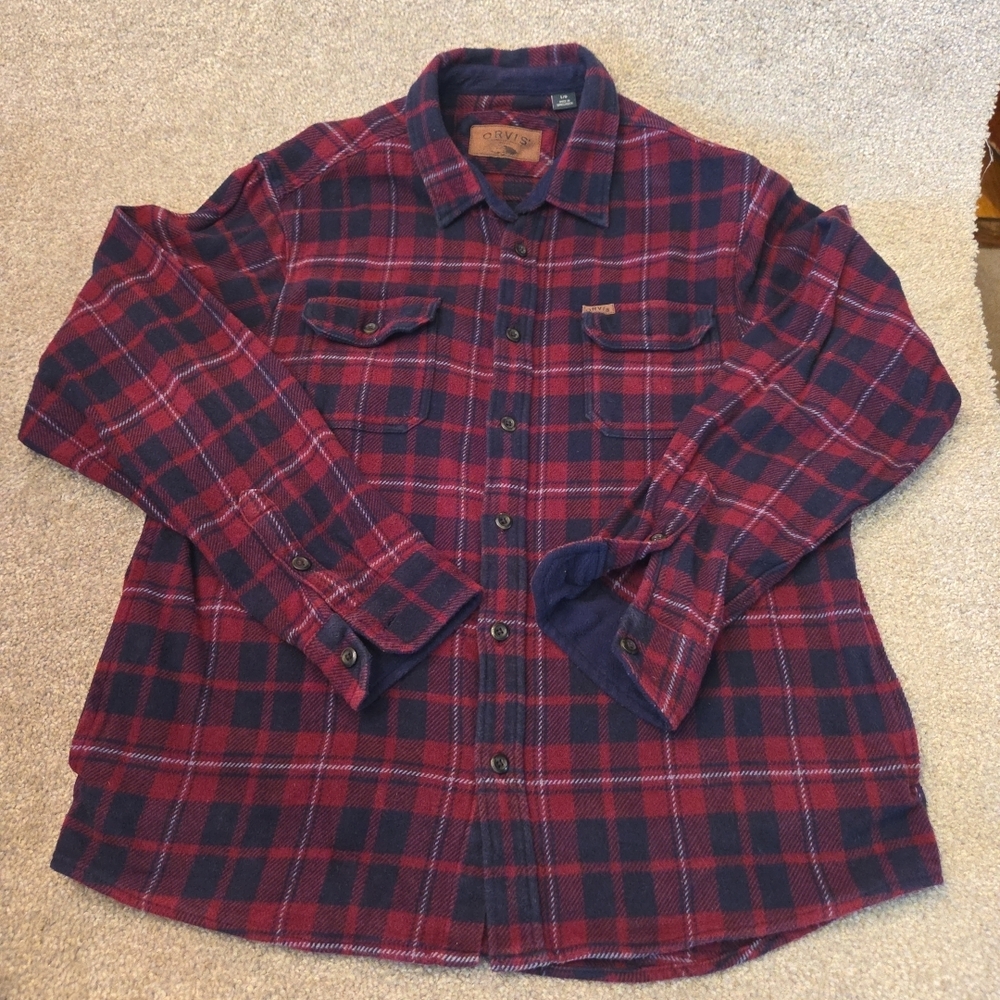Orvis Heavy Flannel Shirt Mens Large Long Sleeve Button Up Blue Red Pockets